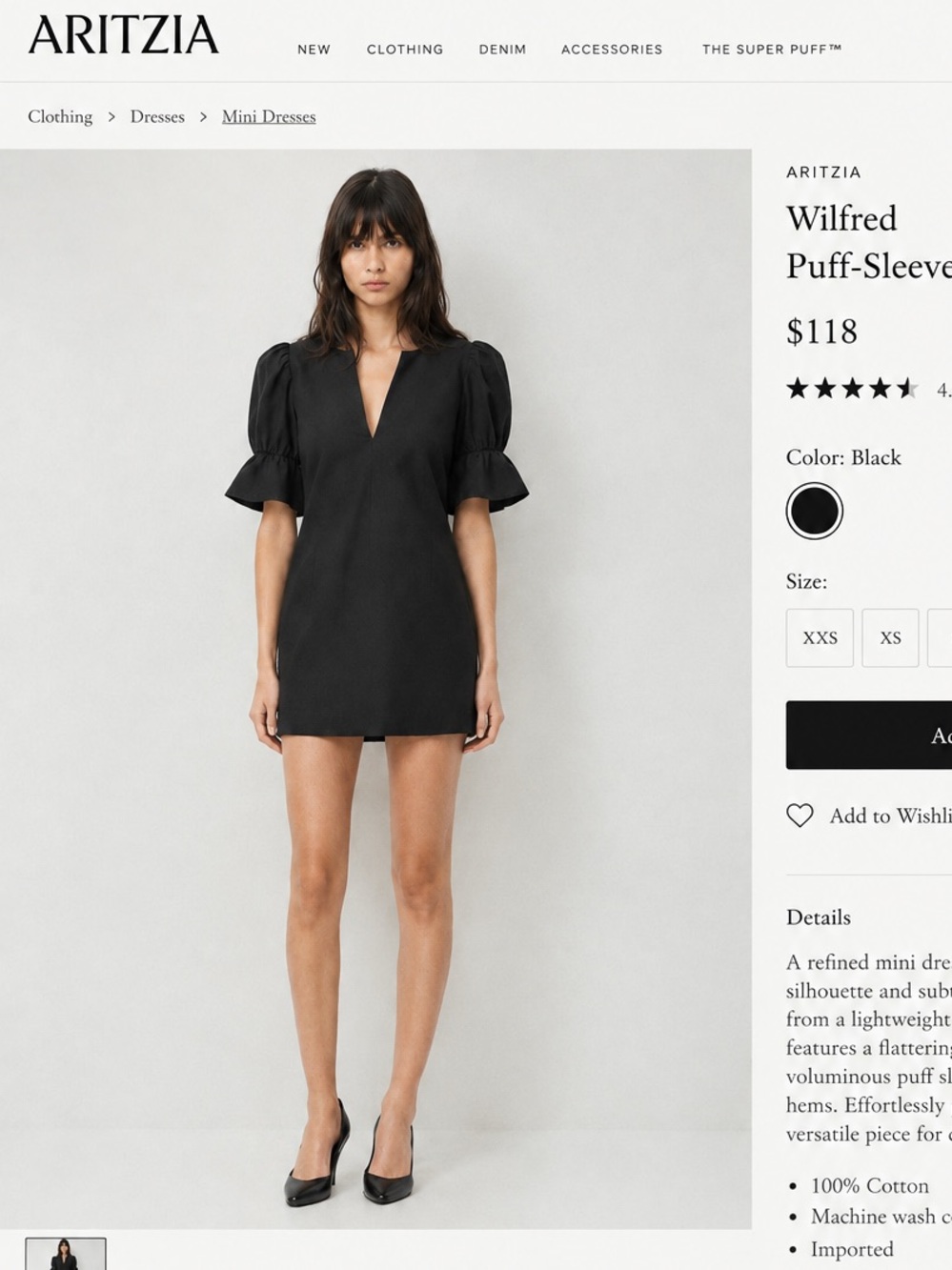 Aritzia Black V‑Neck Puff‑Sleeve Mini Dress